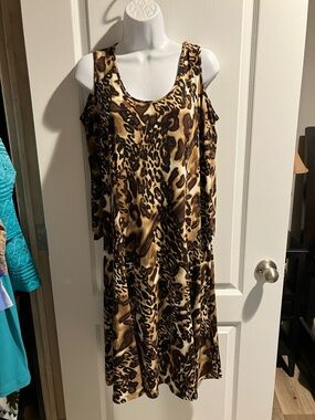 Susan Graver Leopard-Print Cold-Shoulder Midi Dress - Brown & Cream